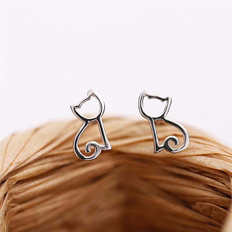 1 Pair Silver Plated Elegant Earrings Lovely Hollow Out Cats Cartoon Earrings