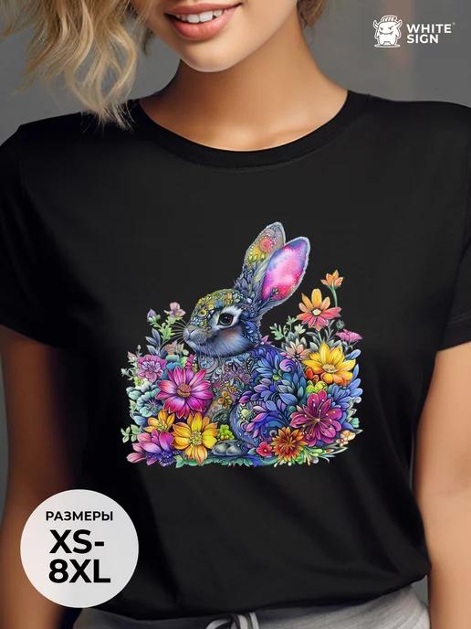 Bright oversized summer T-shirt: Floral Bunny print XL