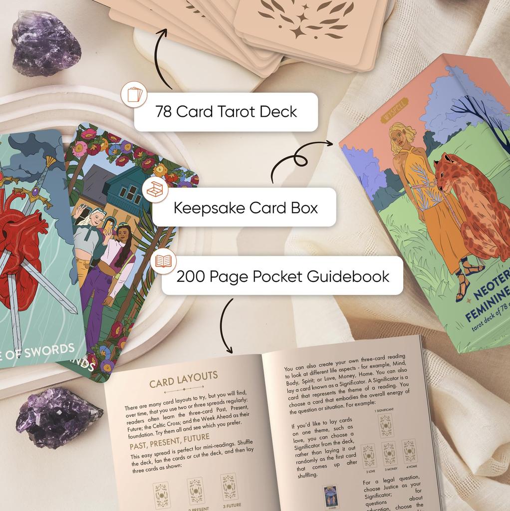 Wyspell Feminine Tarot Card Deck – Borderless – with Guidebook – Neoteric Beginner Tarot Deck