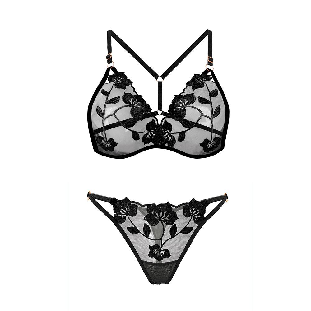 Women’s Lace Embroidery Sexy Underwear Set Adjustable Bra/panties Mesh See Through Lingerie Set Breathable Soft Comfortable Lingerie Set for Female