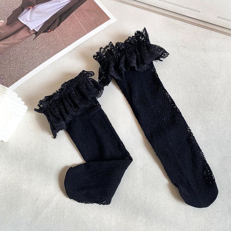 Children's Socks Summer Lolita Wooden Ear Mesh Ribbon Large Bow Mid-tube Socks for Girls