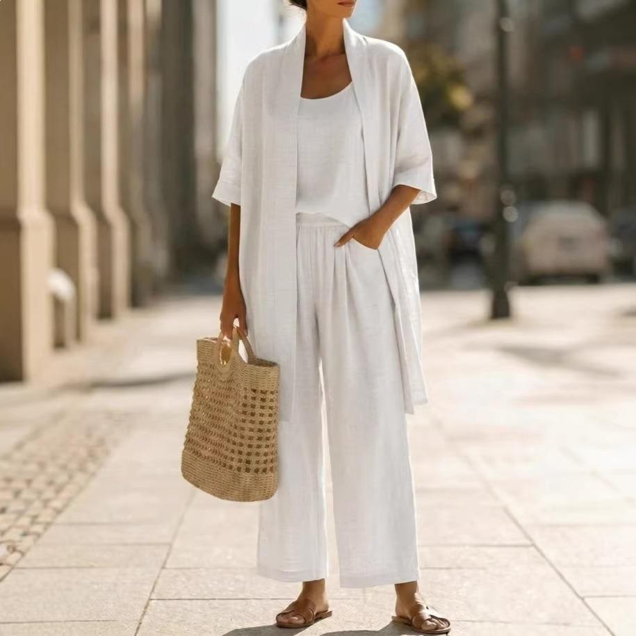 Summer cross-border new hot-selling linen suit fashion suspender cardigan wide-leg pants casual temperament three-piece set S белый