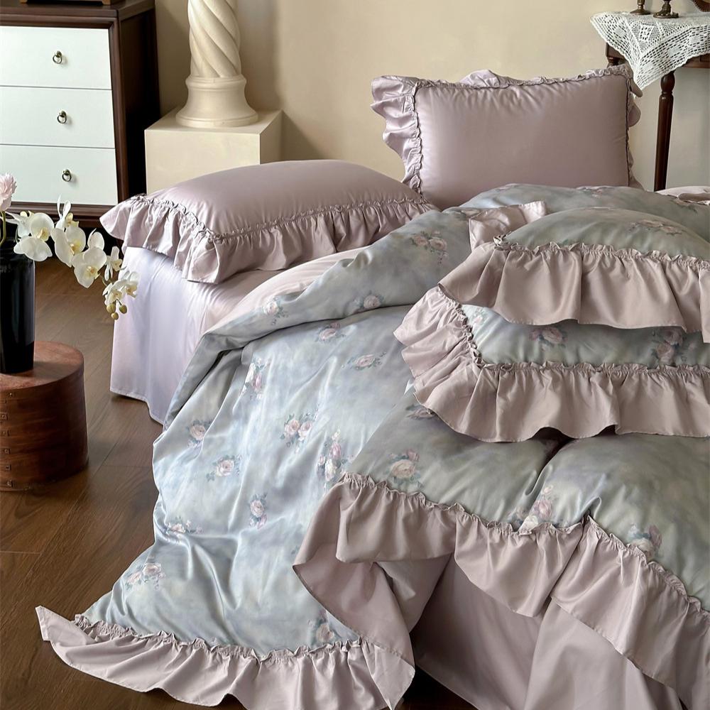Cotton Bedding Four-piece Rose Printing Skin-friendly Breathable Comfortable Quilt Cover Bed Sheet Pillowcase Kit