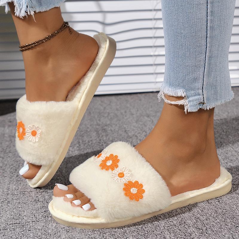 Fashion Fashion Flower Decor Cotton Slippers Women Soft Sole Warm Indoor House Slides Woman Winter Open Toe Non Slip Plush Slippers 2025