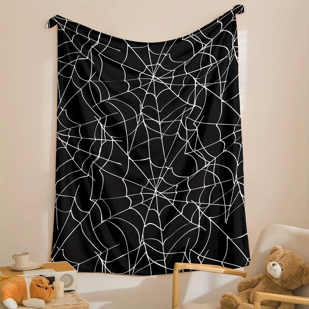 Flannel Blanket Spider Web Pattern Black White Gothic Decorative Throw for Sofa Couch Bedroom Halloween Atmosphere Creating