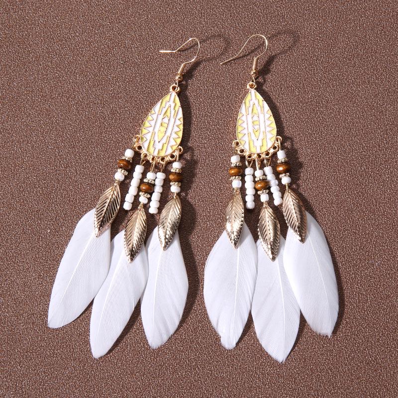 Bohemian Water Drop Tassel Earrings: Long Feather Design with Rice Beads, Ethnic Style for Women - Perfect Travel and Holiday Accessory