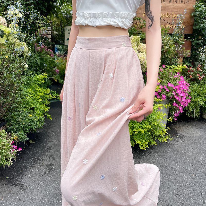 Women Elastic High Waist Floral Embroidery Textured Wide Leg Floor Length Casual Palazzo Pants S розовый