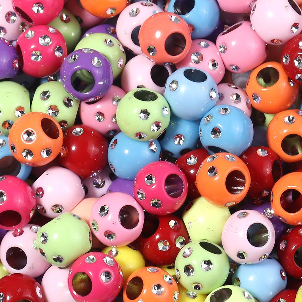 100pcs 9mm Rhinestone Acrylic Beads Shiny Mixed Color Big Hole Round Loose Beads For Jewelry Making DIY Bracelets Headwear Decor