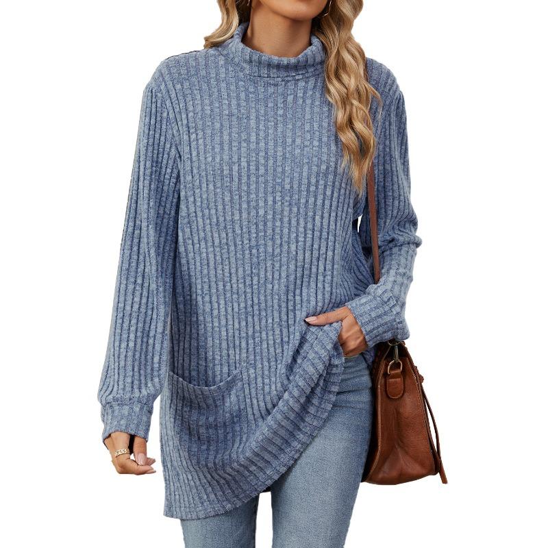 Autumn and Winter Women's Blouse Solid Colour Half-high Neck Long Sleeve Loose Pocket Tops