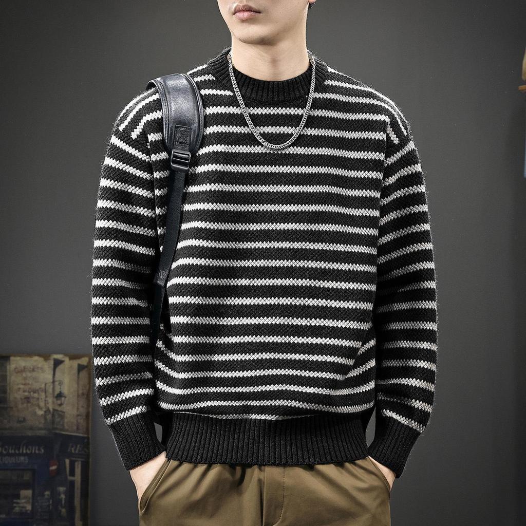 2025 Men's Striped Heavy Gauge Sweater: Autumn/Winter Long Sleeve Knit Base Layer