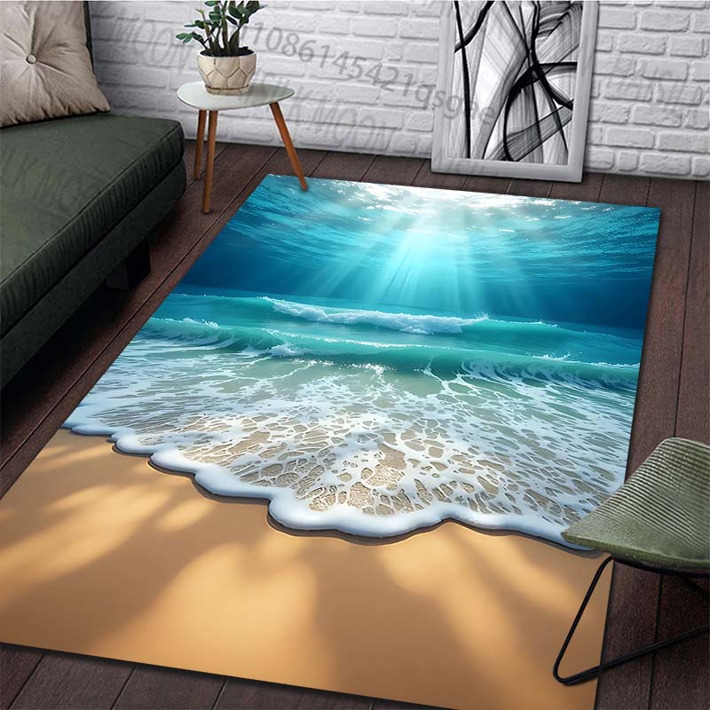 1PC Sunlit beach and waves Print Carpet Rug for Living Room Bedroom Sofa Doormat Home Decor Non-slip Floor Mat