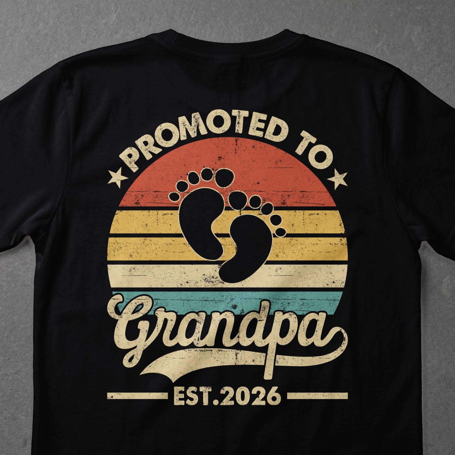 Promoted To Grandpa Est 2026 T-Shirt | New Grandfather Pregnancy Announcement Shirt | Retro Baby Footprint Grandpa Gift Tee S