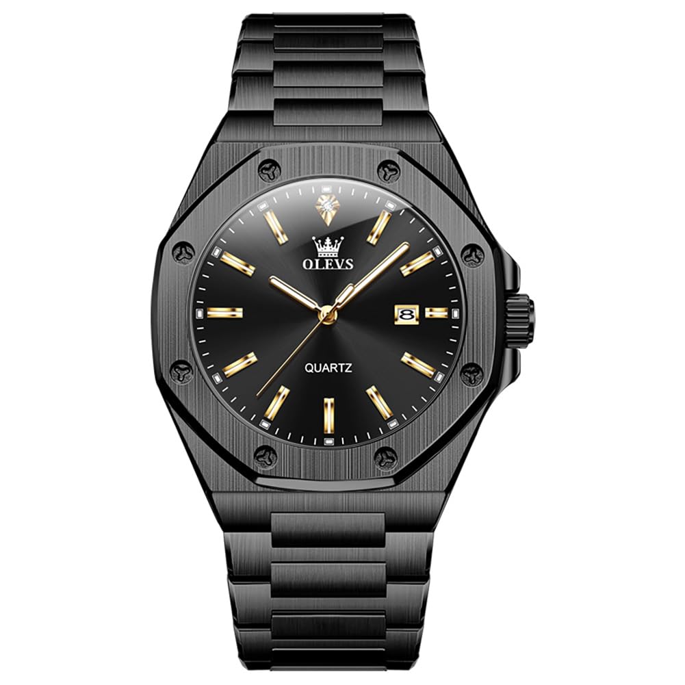 

Черные водонепроницаемые кварцевые часы с восьмиугольным корпусом, идеально подходящие и стильные часы из нержавеющей стали с отображением даты и большие металлические модные часы Olevs для