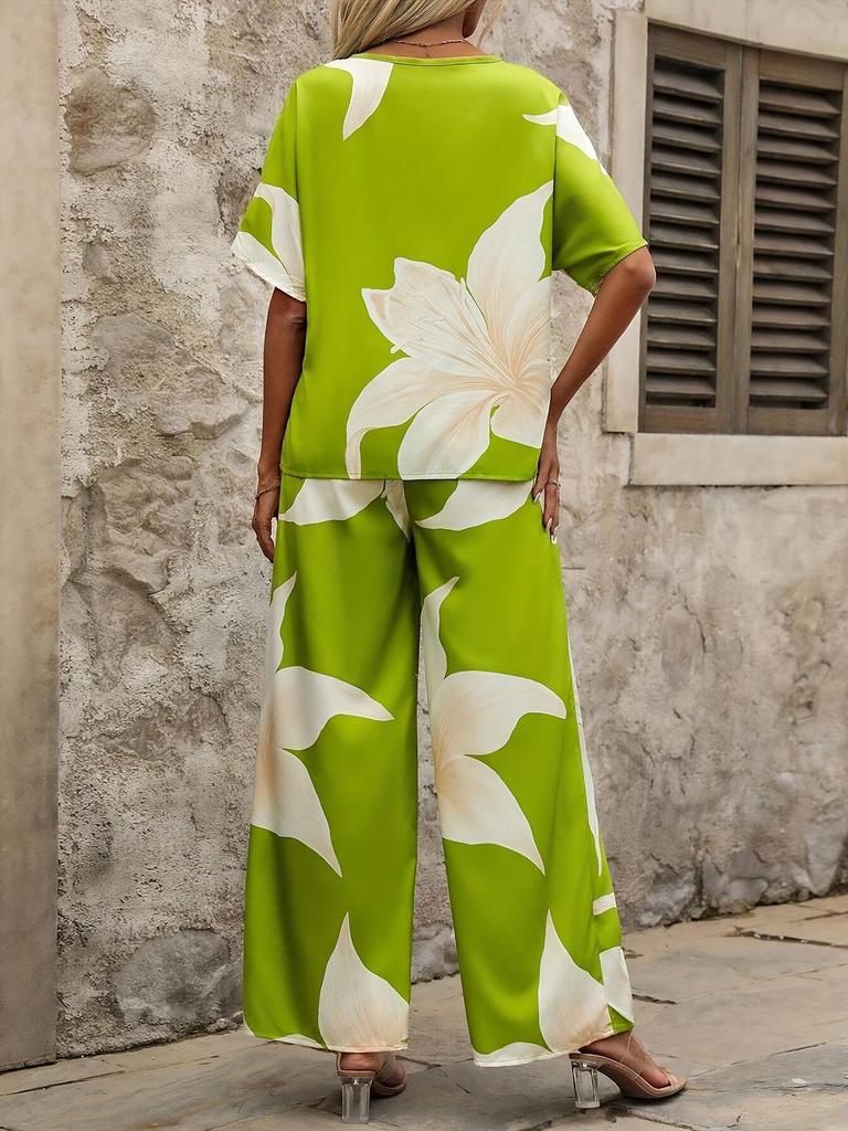 European & American Summer 2025 V-neck Batwing Top and Long Pants Two-piece Set