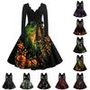 Women's Casual V-Neck Long Sleeve Vintage Print Dress for Retro Halloween Party Outfit