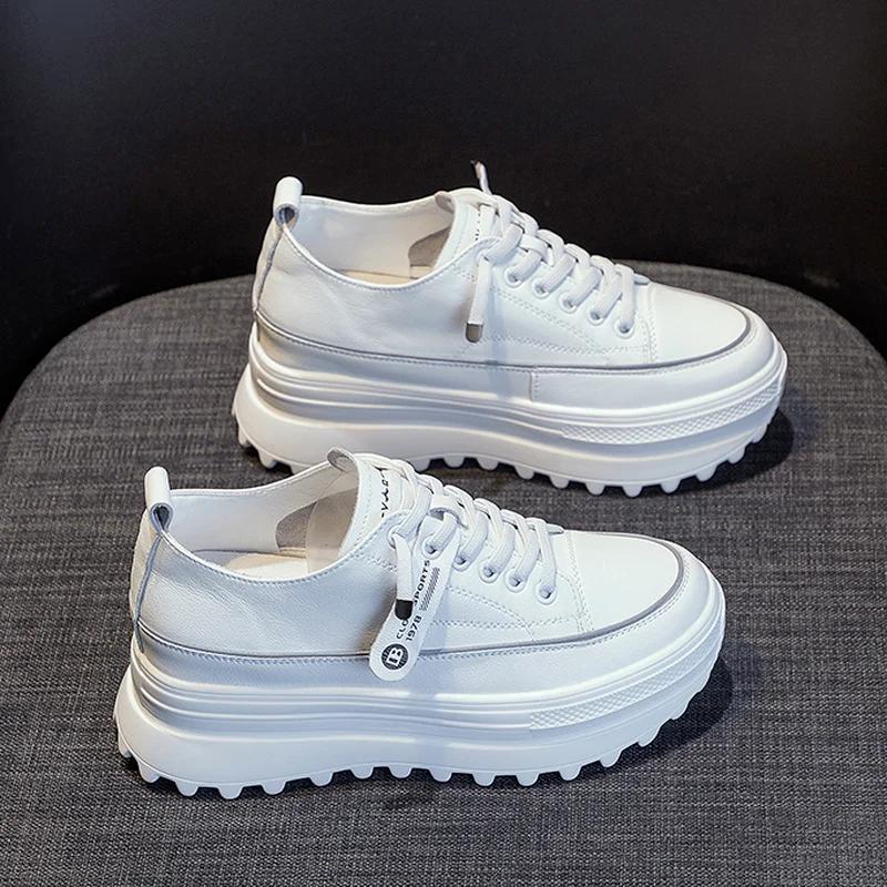 White Shoes Genuine Leather Platform Wedge Shoes Chunky Sneaker White Casual Shoes Comfortable Breathable Spring Autumn Shoes