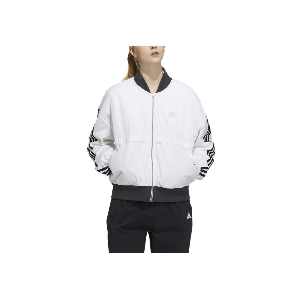 Adidas Striped Colorblock Logo Print Zip-Up Casual Long Sleeve Jacket Women Jacket White H09760