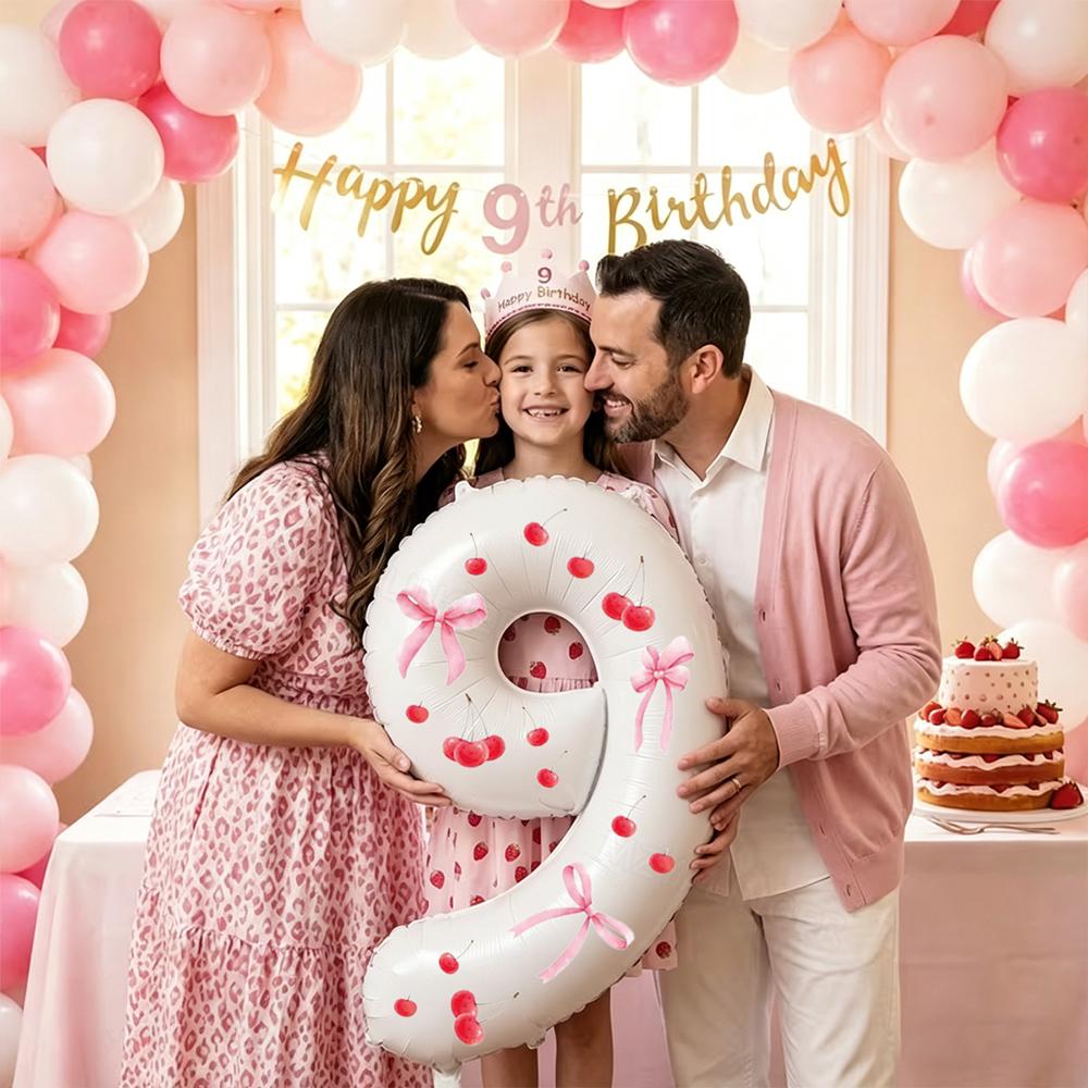 Palloncino digitale bianco da 32 pollici decorato con adesivi di ciliegie e adesivi con fiocchi per feste di compleanno e anniversari