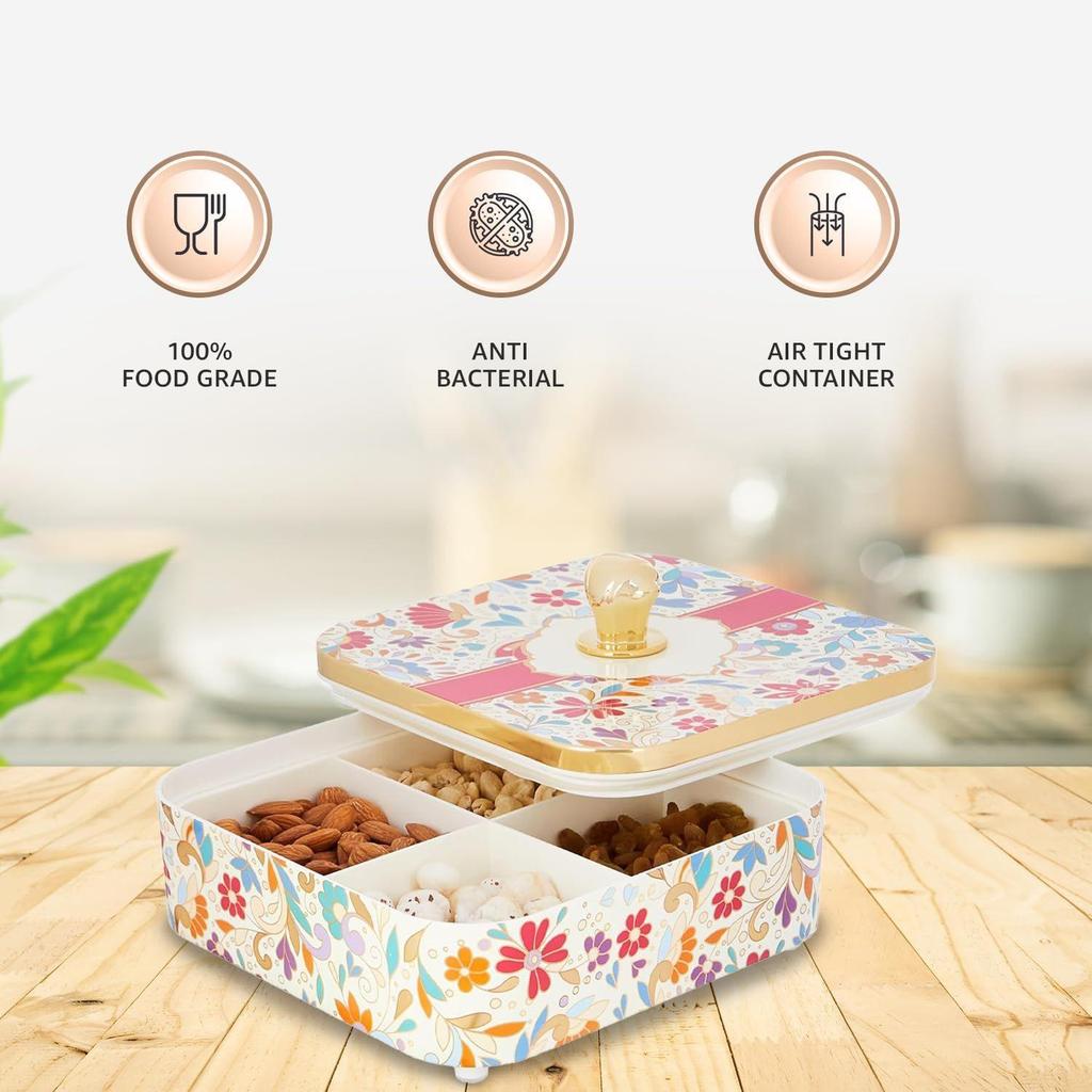 Airtight Dry Fruit Container With Serving Tray & Lid | Plastic Dry Food Storage Box | for Gifting | Multi-Purpose Box | 4-Section Serving Set |