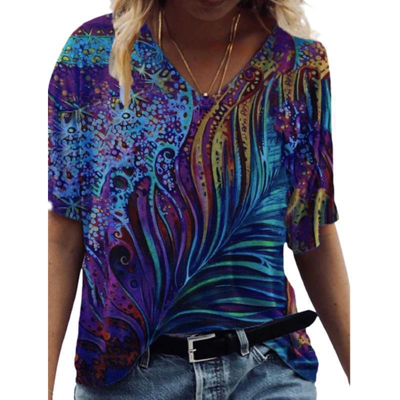 Women's T-shirt 3D Pattern Printed Casual Short Sleeved V-Neck Top Fashionable Street Women's Clothing