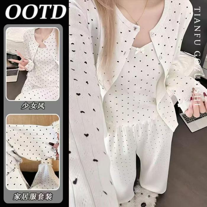

Pure desire wind love three-piece pajamas women s spring and autumn suspenders long-sleeved cardigan rhombus pit strip sweet loungewear set M