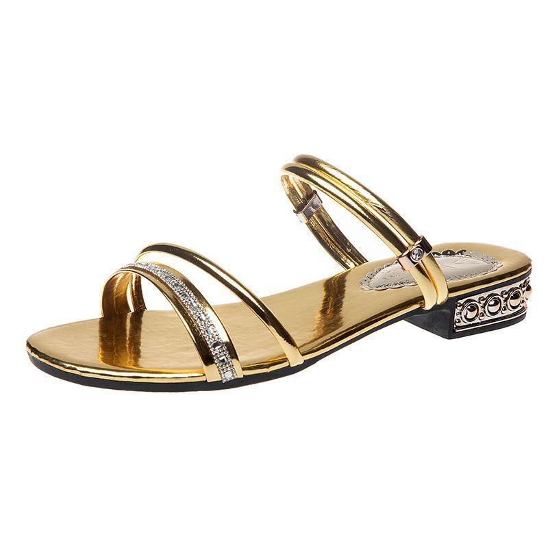 Two wear high-end sandals for women's summer wear 2025 new Korean version of versatile fashion women's low-heeled large-size rhinestone sandals