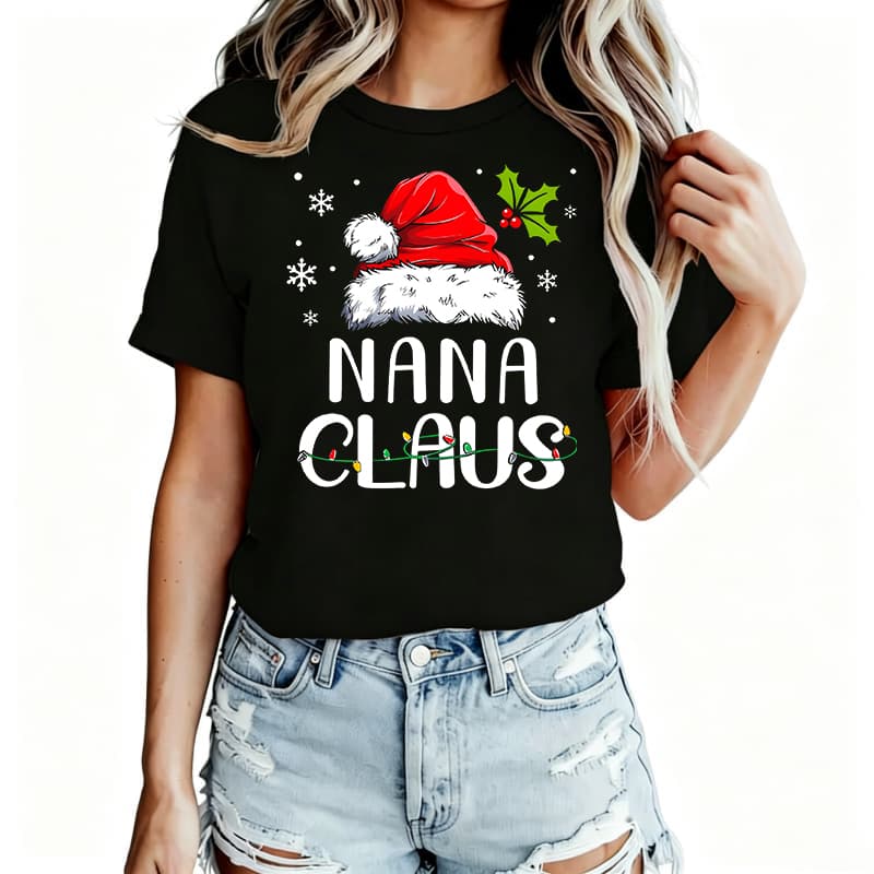 Christmas Nana Claus Women's T-Shirt 100% Cotton Funny Graphic Short Sleeve Tee Novelty Shirt Casual Crew Neck Top S-5Xl