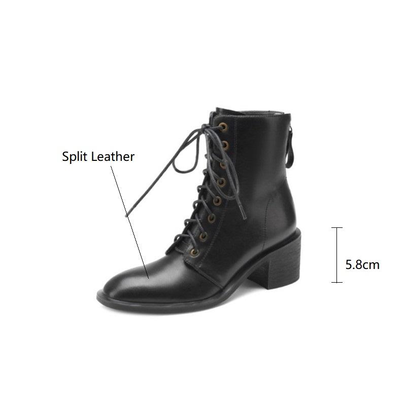 Mode Nouvelles Bottes d'Automne/Hiver en Cuir Fendu pour Femmes Bout Rond Talons Épais Bottes pour Femmes Bottines Zapatos Mujer Dentelle Talons Hauts