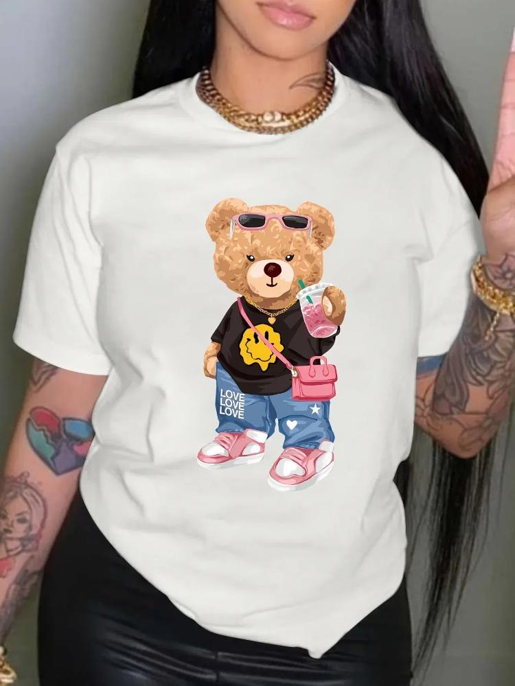 Fashion Bear Print Women O Neck Black T-shirt Girl Short Sleeves Crew Neck Casual Tops