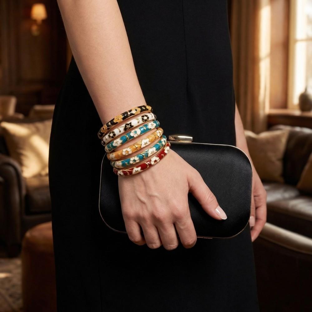 Floral Colorful Flower Bangle Traditional Women's Hand Bracelet Vintage Cloisonne Bangle  Ladies