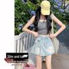 Women's High-Waisted A-Line Denim Skort with Irregular Tie Design - Petite Fit