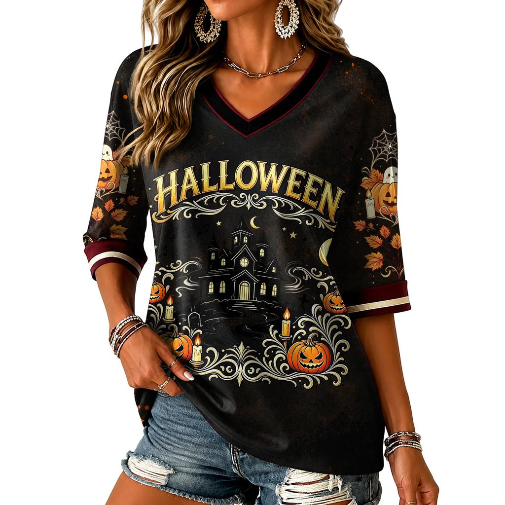 Women's Casual Halloween Printed V-Neck T-Shirt
