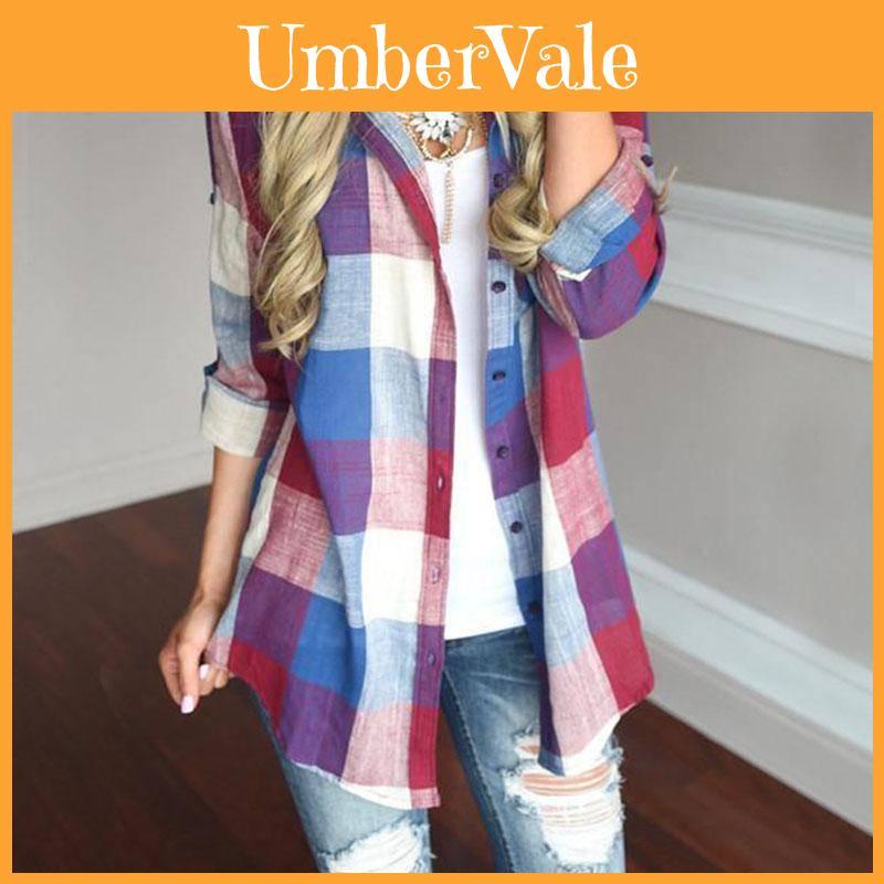 Women Long Sleeve Plaid Linen Shirt With Turndown Collar For Casual Office Wear