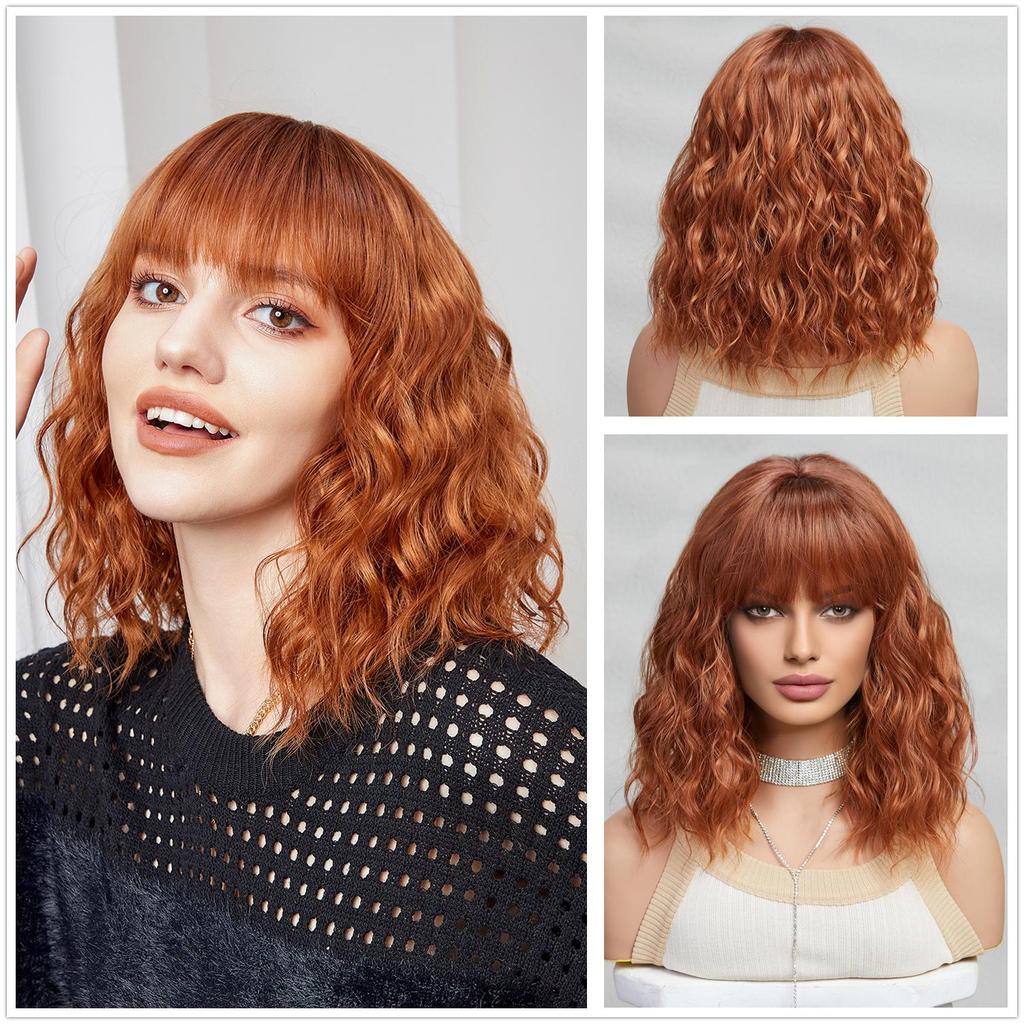 ALAN EATON Short BOB Synthetic WIGS Orange Brown Curly Wig with Bangs for Women Cosplay Daily Party Heat Resistant Fiber Wig