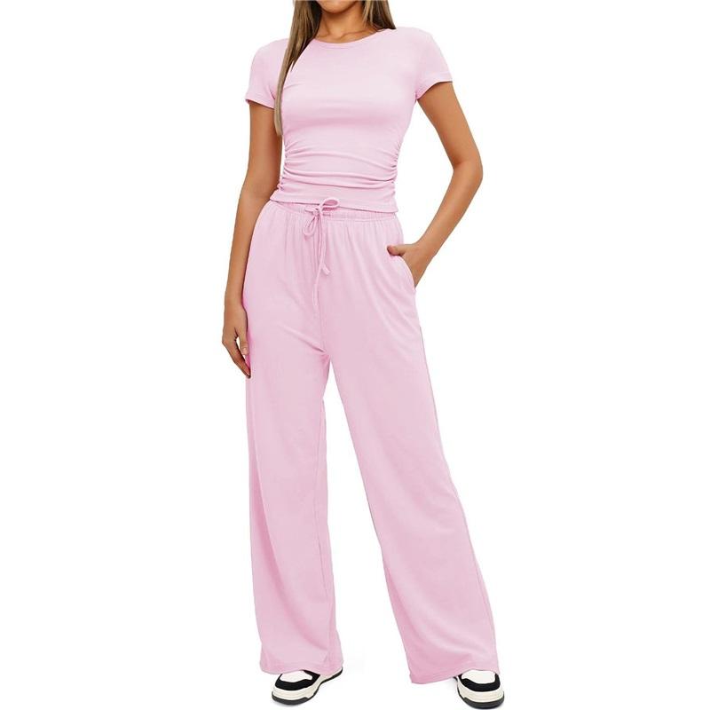 Women's 2 Piece Outfit Short Sleeve T-Shirt Wide Leg Pants Casual Tracksuit