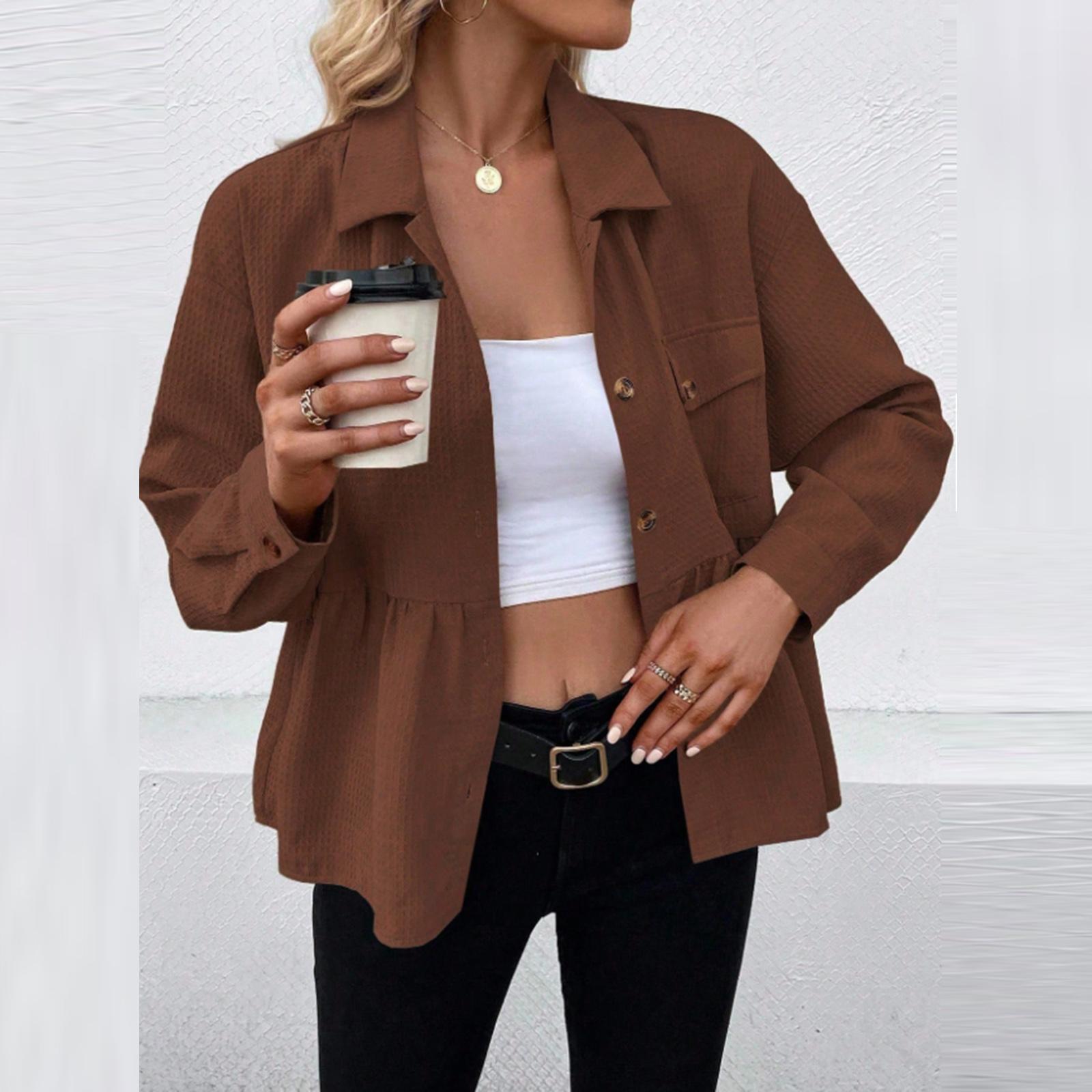 

Женский модный повседневный кардиган однотонный универсальный с лацканами короткая куртка M коричневый
