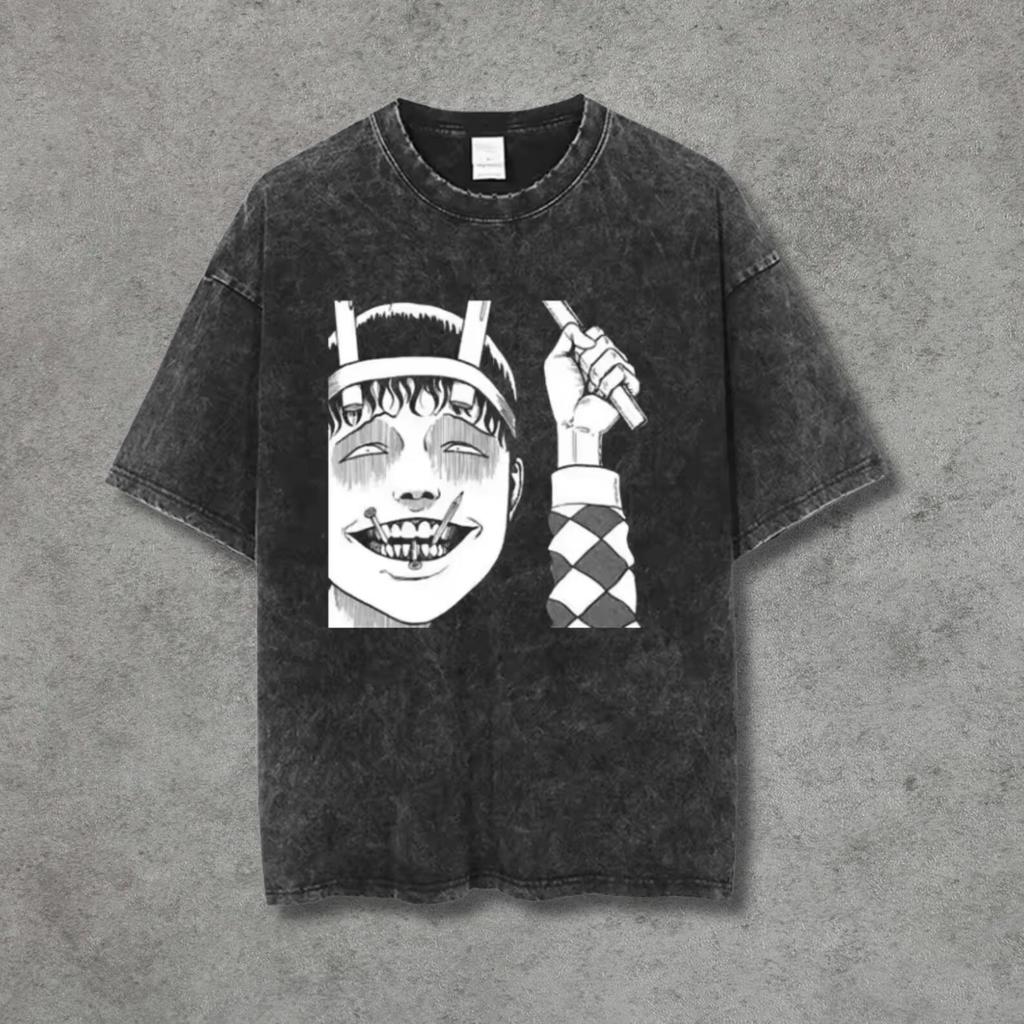 Washed Cotton Horror Anime Graphic T-Shirt Retro Manga Character Print Tee Casual Loose Short Sleeve