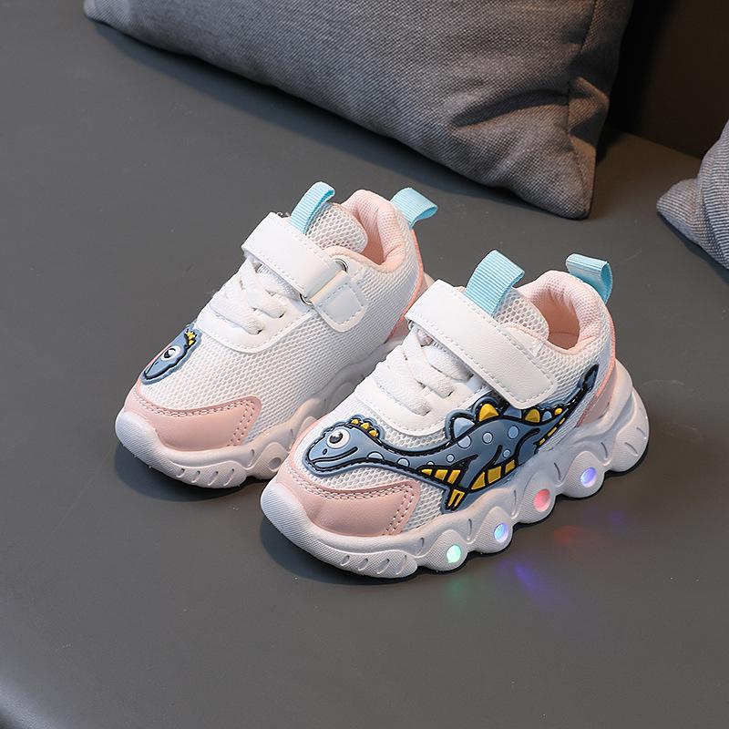 

Popular Kids Dinosaur LED Light Sneakers - Breathable Mesh Slip-on Shoes for Spring & Autumn 5 Pairs, Sizes 21-25 рожевий
