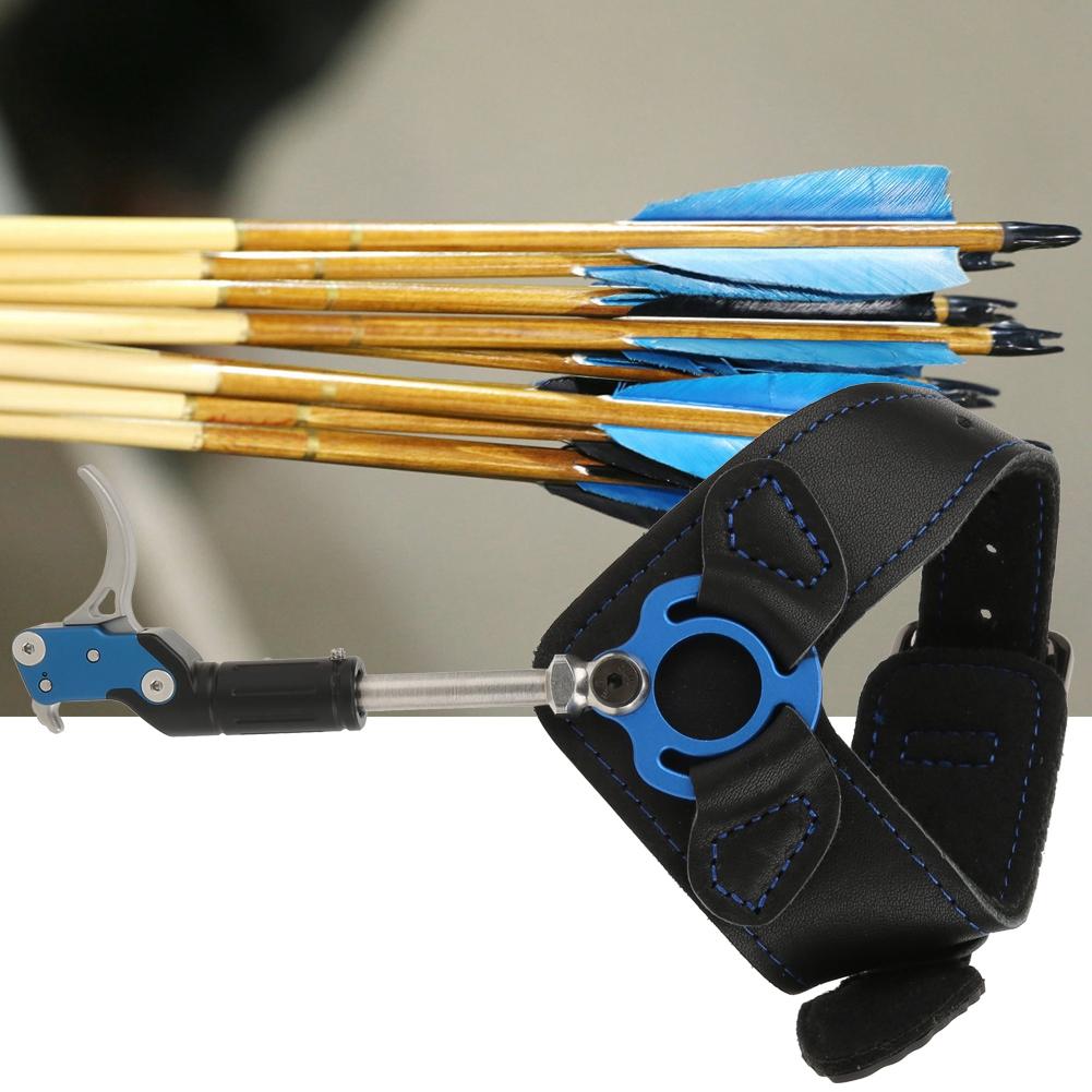Blue Aluminium Alloy Leather Comfortable Adjustable Length Bow Trigger Wrist Strap Archery Release Aid