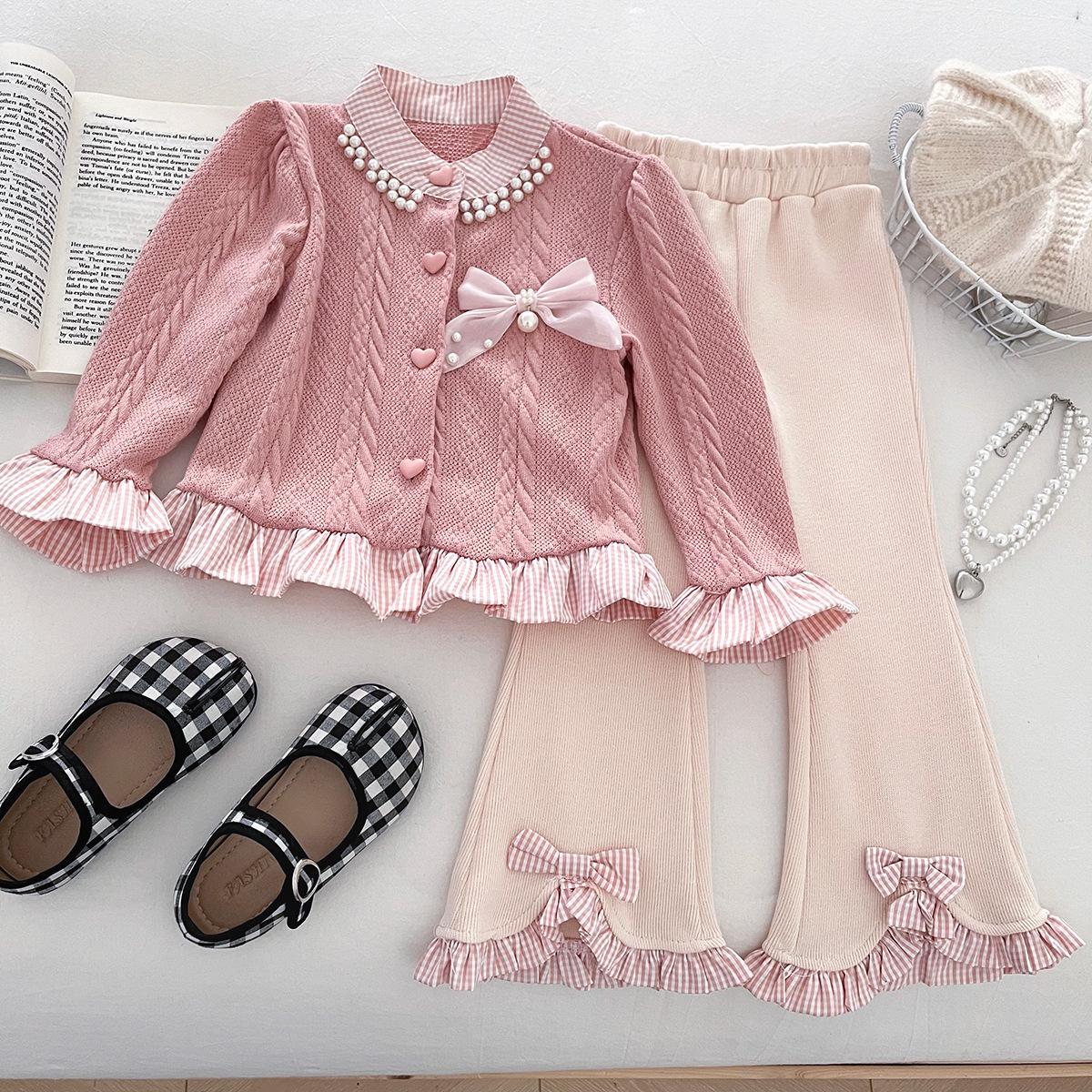 

Autumn 2025 Girls Knit Two-Piece: Single-Breasted Sweater & Slit Micro-Flared Pants 90 cm