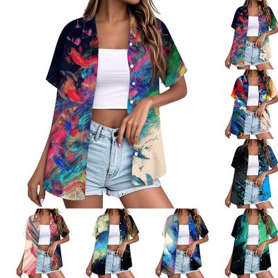 Women's Short Sleeve Button Down Shirt - Summer Beach Print Casual Top