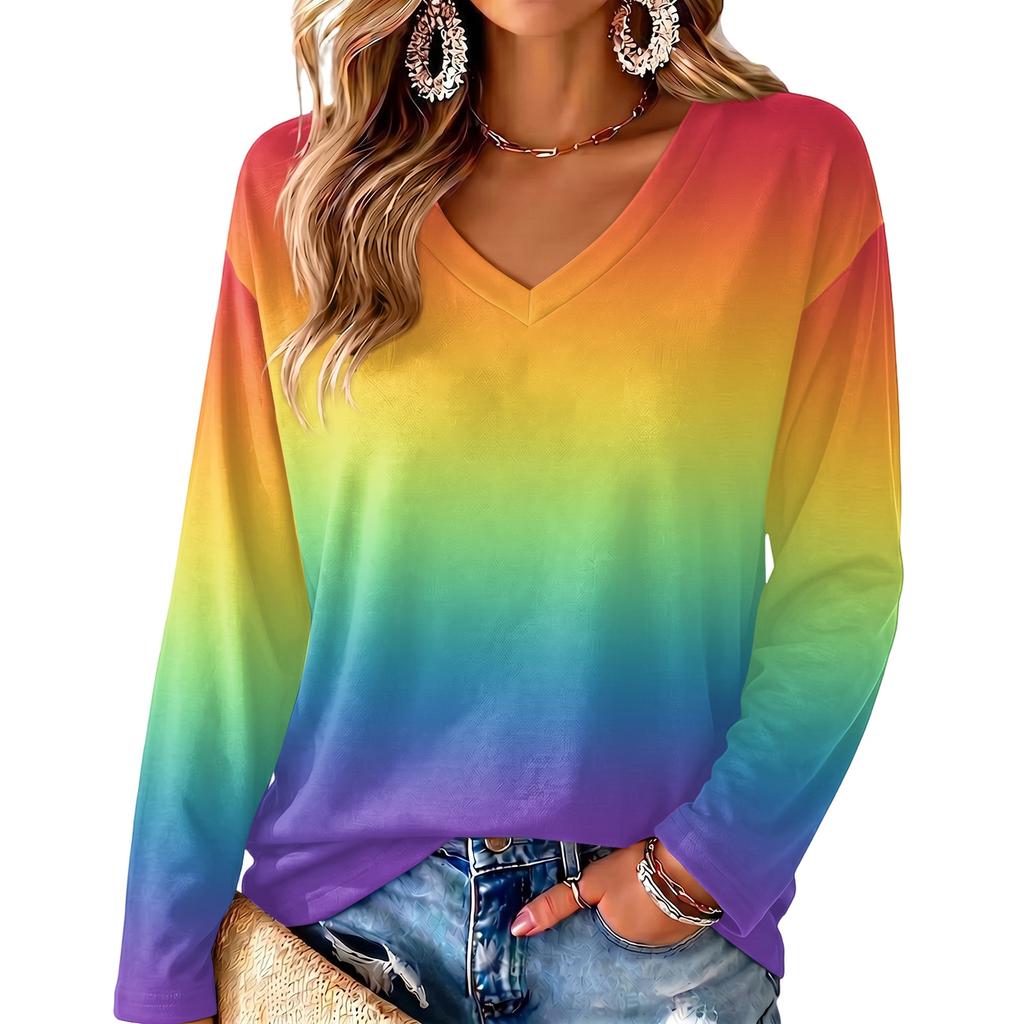 Women's V-Neck Long Sleeve Gradient Print Blouse Lightweight for Spring Summer