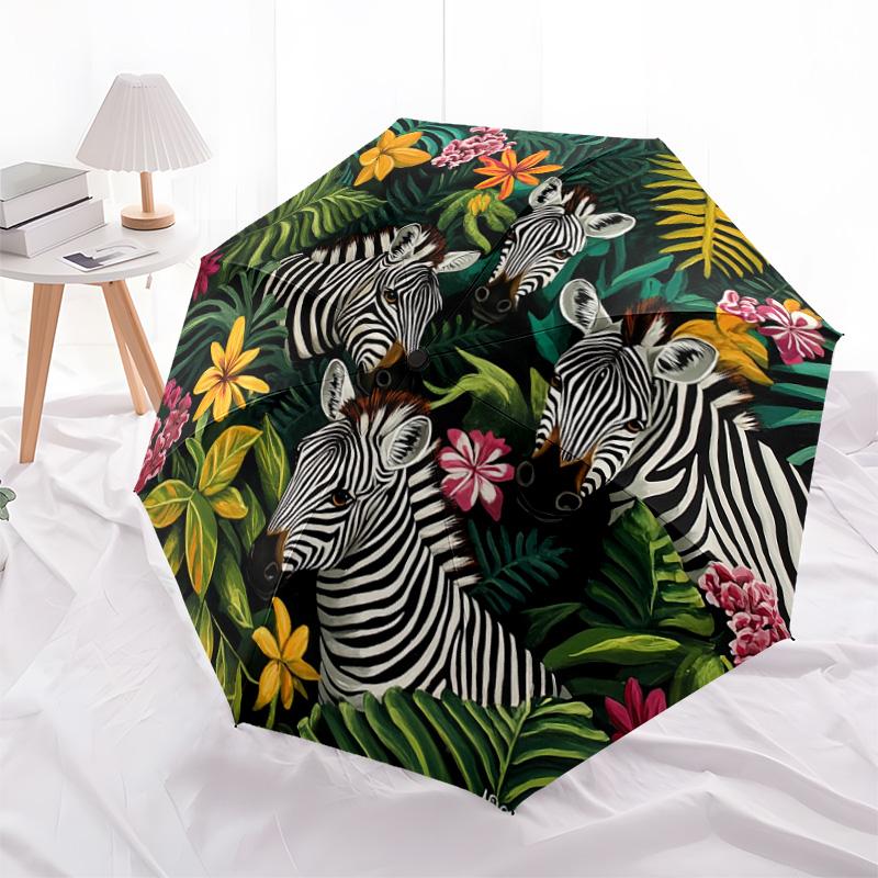 1 PC Automatic Folding Umbrella - Zebras In Tropical Flowers Pattern, Portable & Foldable Design with 8 Ribs, Christmas Birthday Gifts