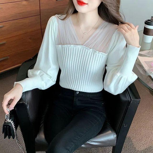 Síťovaná pletenina s výstřihem do V Top Dámské Podzim Zima Temperament Svetr s dlouhým rukávem Móda Jednobarevná Halenka