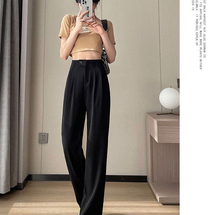 

Spring/Summer High-Waisted Wide-Leg Pants: Women s Loose Slimming Black Printed Floor-Length Trousers S