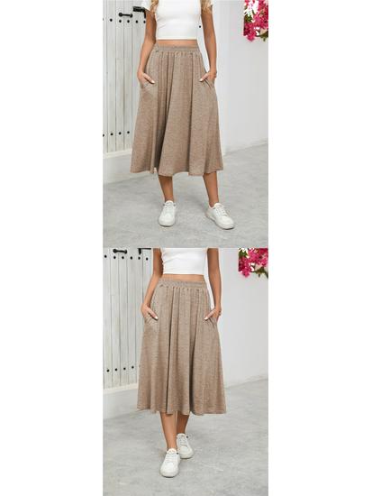 European High-Waisted Casual Midi Skirt - A-Line, Loose Fit, Draped Hem