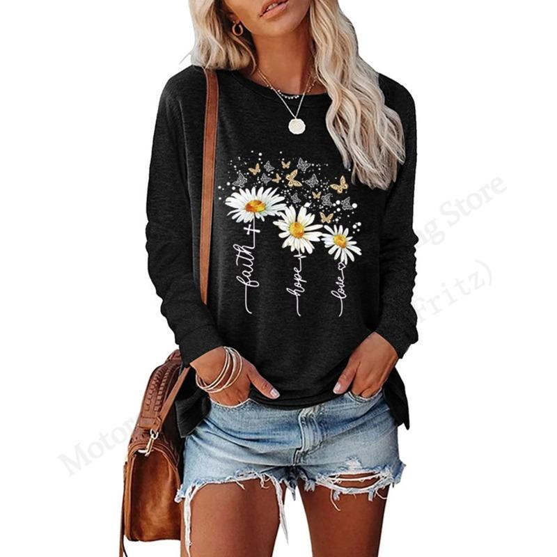 Spring and Autumn Round Neck Small Daisy Flower Pattern 3D Printed Top Fashionable Casual Long Sleeved Women's T-shirts
