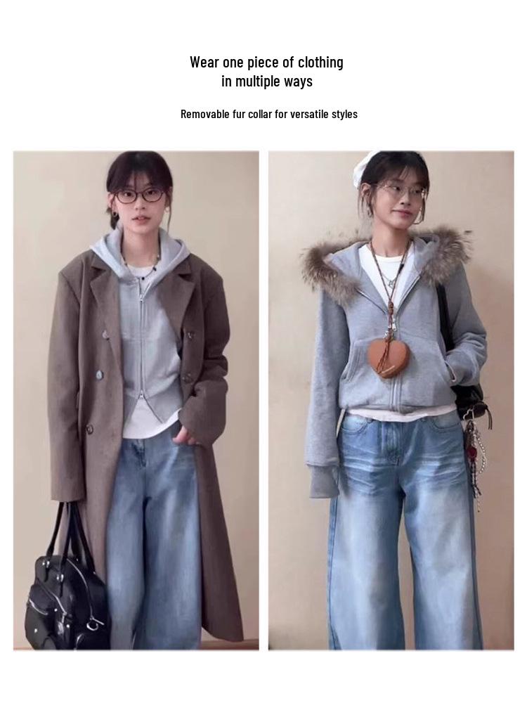 2025 Women's Gray Fur Collar Short Slim Sweatshirt - Petite Korean Style Autumn/Winter Outerwear