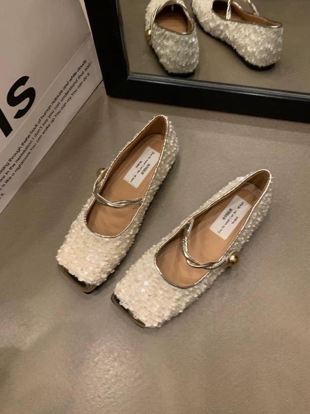 Sequined Mary Jane Single Shoes Women's Shoes 2025 New Spring Flat Bottom Niche High-end French Temperament Evening Shoes