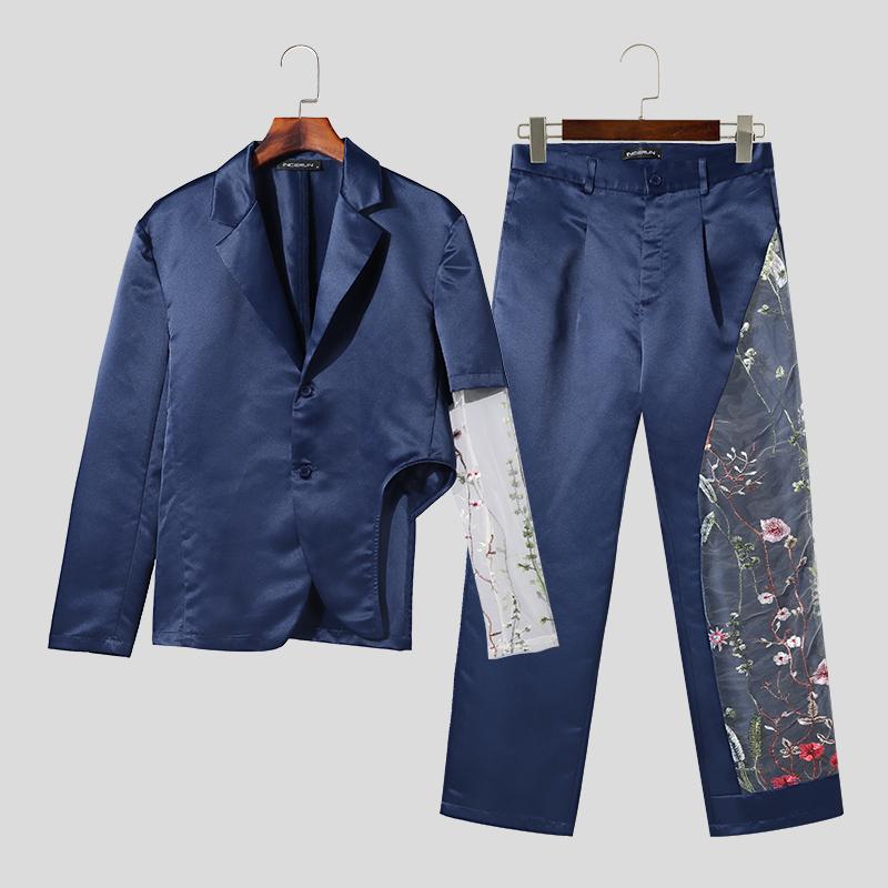 

INCERUN костюм из двух предметов, мужские кружевные рубашки с вышивкой, длинные брюки 2XL